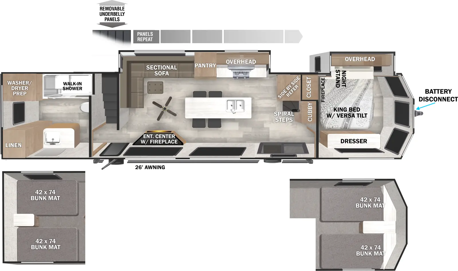 The Wildwood Lodge 42VIEW Floorplan has two entries and two slide outs. Exterior features include: fiberglass exterior and 26' awning. Interiors features include: loft, kitchen island, front bedroom and rear bathroom.